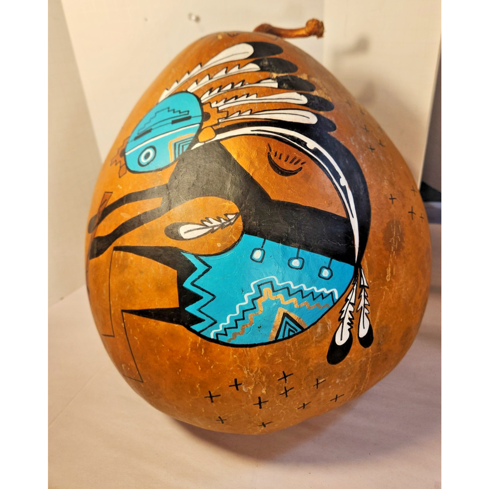 Large Kokopelli Gourd Carved & Painted Signed C. J. Prophet 15" H x 40" Circum